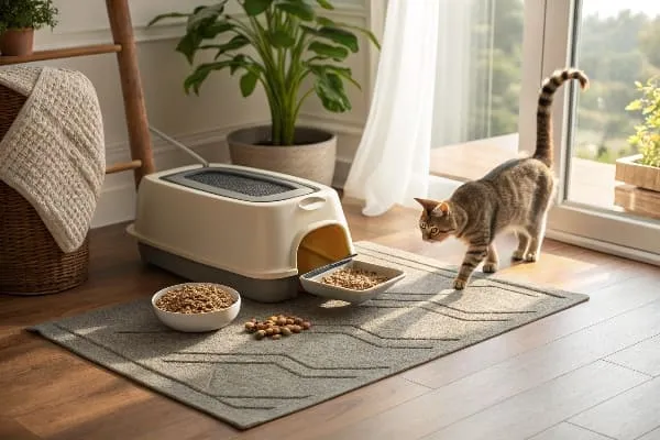 Cat approaching a modern litter box with food nearby