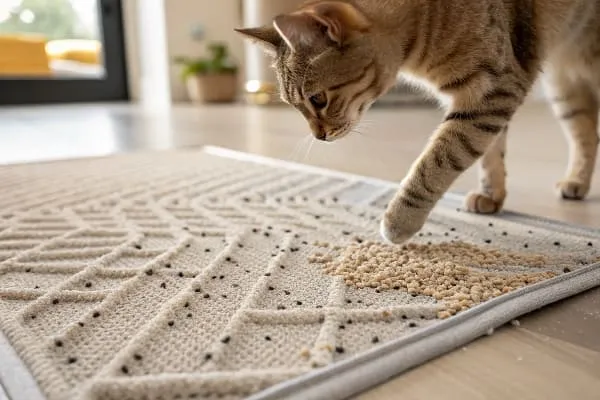 Cat examining spilled litter on a textured mat