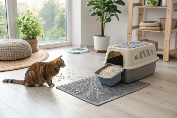 Cat beside a litter box in a bright room