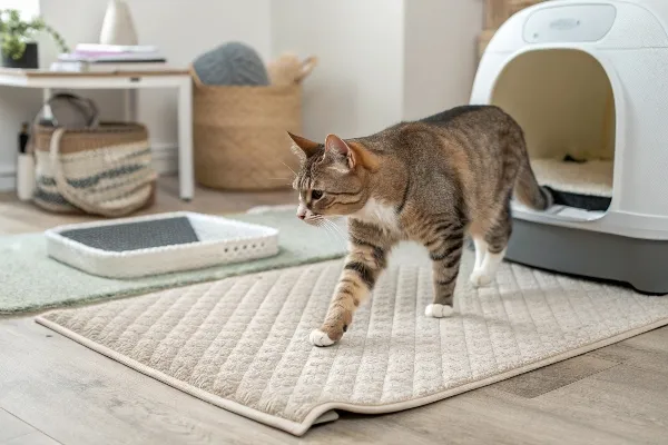 Cat comfortable walking on litter mat