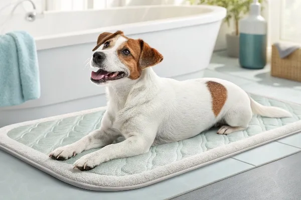 Dog relaxing on bath mat