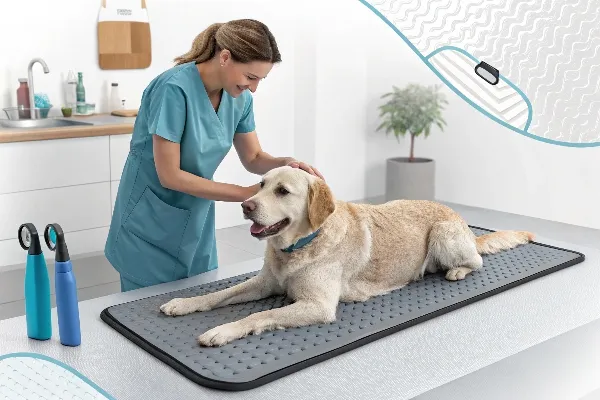 Vet examining dog on mat