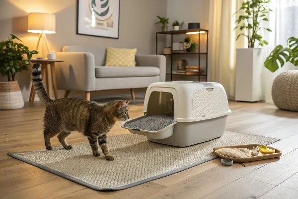 Cat walking on litter mat