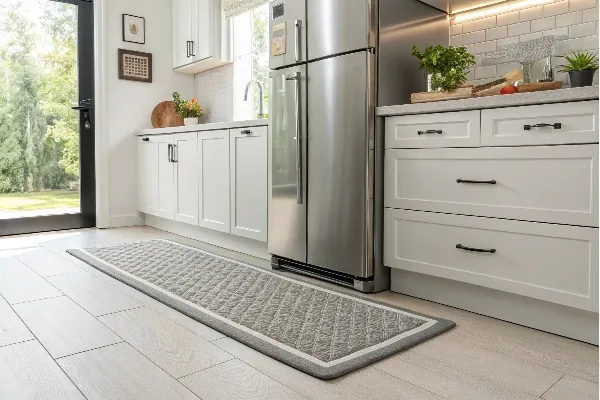 kitchen layout with refrigerator rug placement